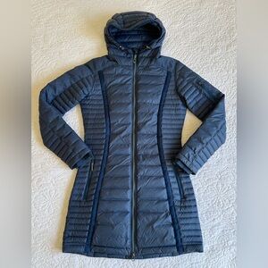 KUHL Projekt Jacket Women's XS Spyfire Goose Down Hooded Puffer Parka Blue Long